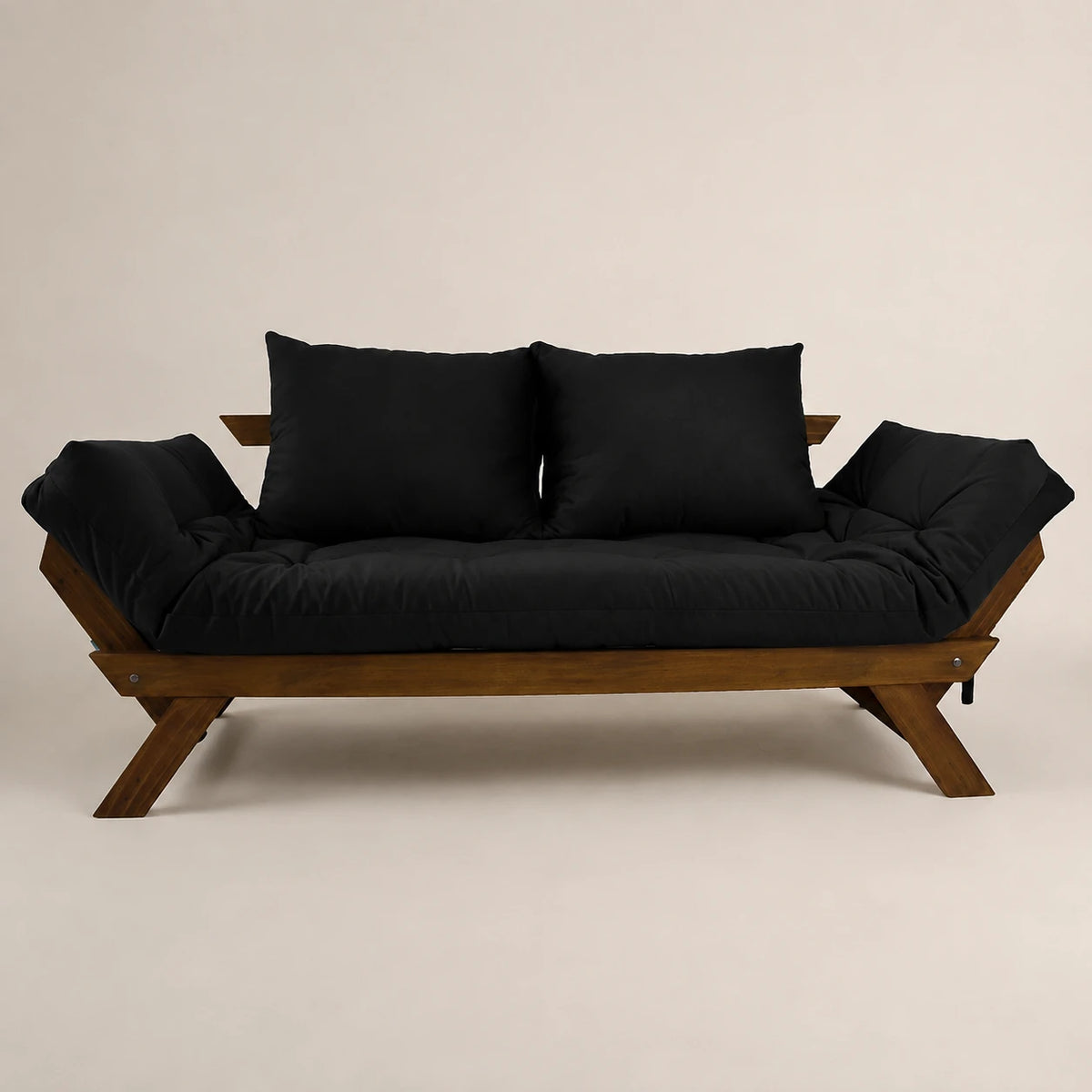 Sof� Cama Reclin�vel Futon Jap�o - Madeira Imbuia Tecido Sarja Cor Preto