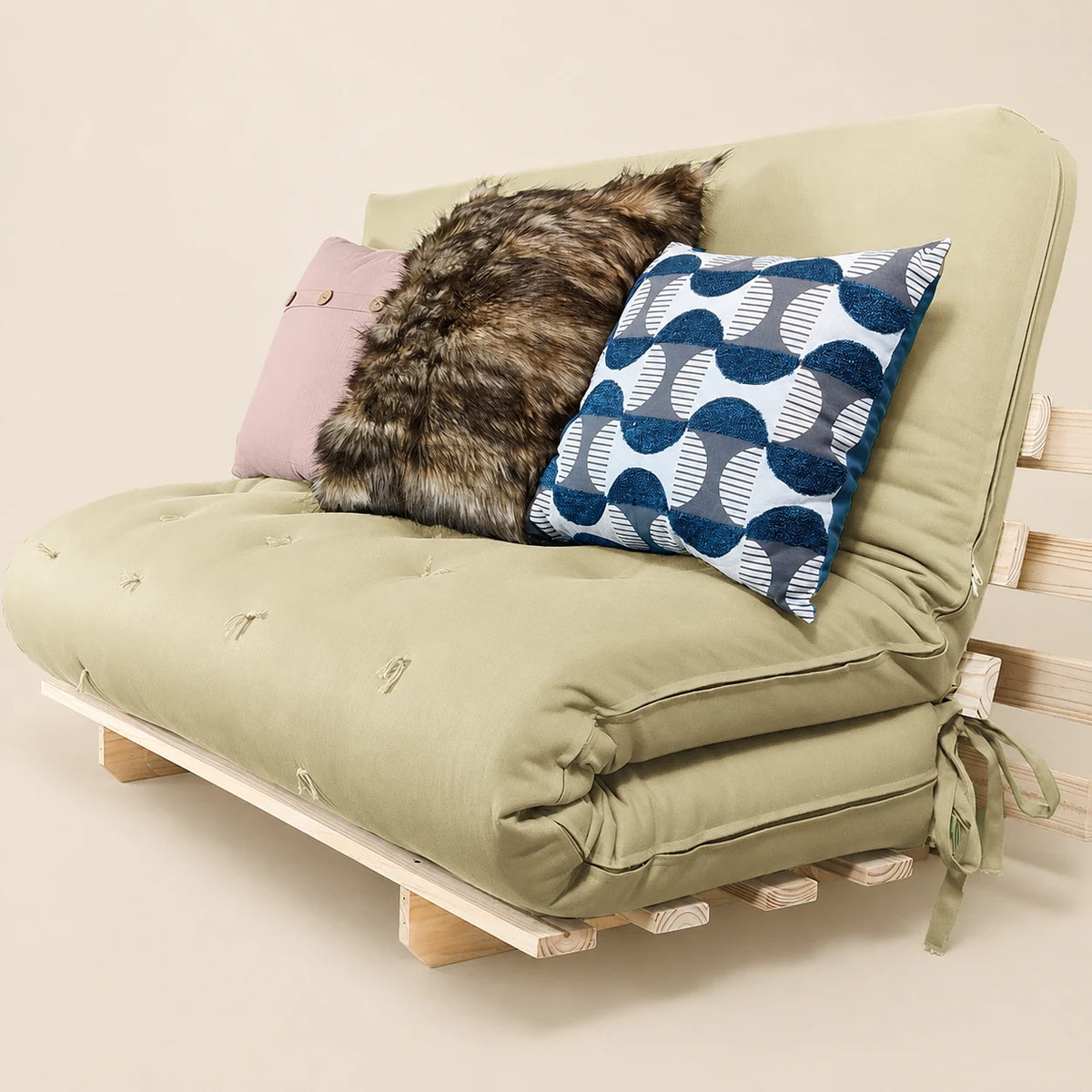 Sofa Cama Casal Futon Oriental D33 Com Madeira Maciça - Bege Claro