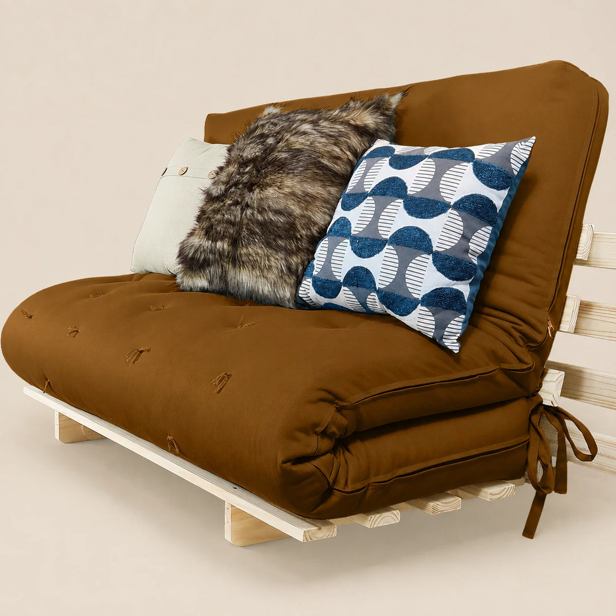 Sofa Cama Casal Futon Oriental D33 Com Madeira Maciça - Caramelo