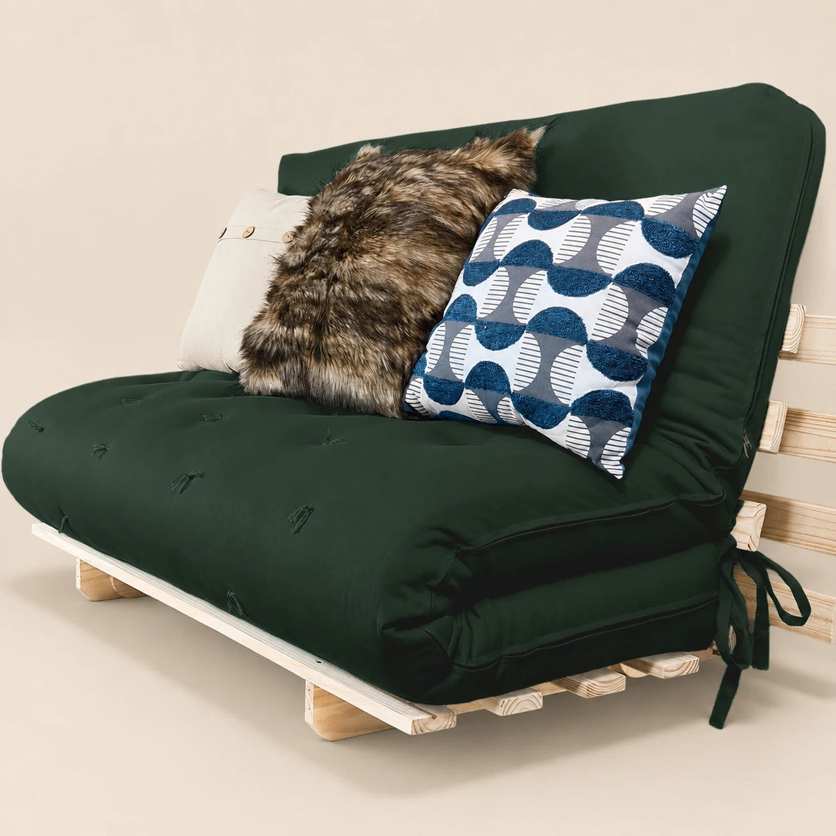 Sofa Cama Casal Futon Oriental D33 Com Madeira Maciça - Verde Militar