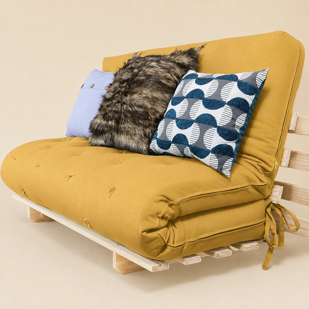 Sofa Cama Casal Futon Oriental Madeira Maciça Acquablock Amarelo