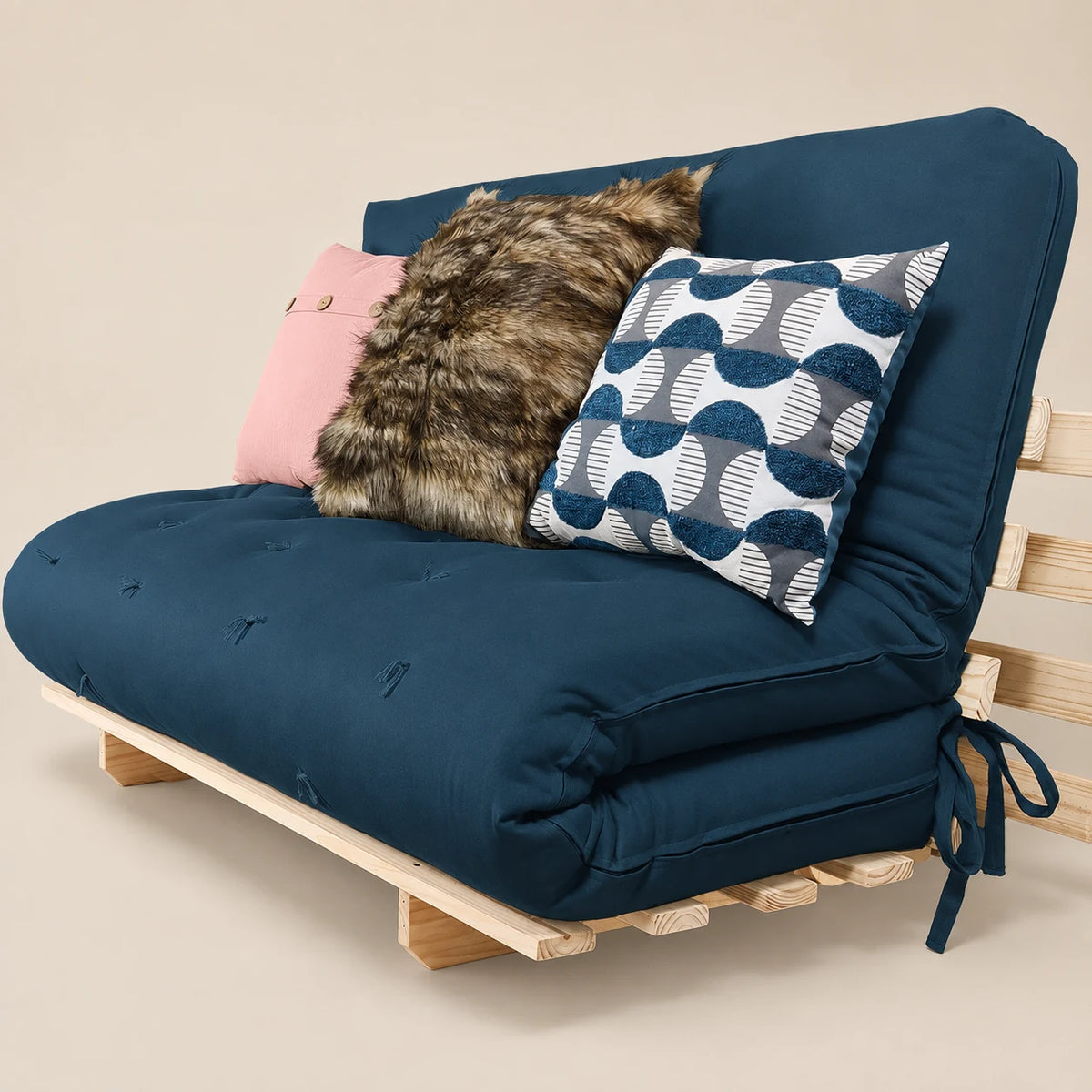 Sofa Cama Casal Futon Oriental Madeira Maciça Acquablock Azul Royal