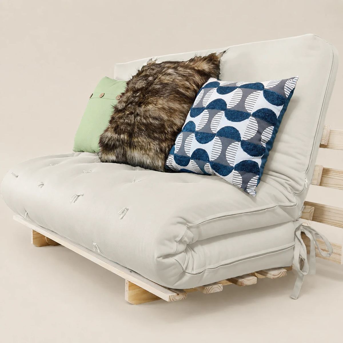 Sofa Cama Casal Futon Oriental  Madeira Maciça Acquablock Branco Off