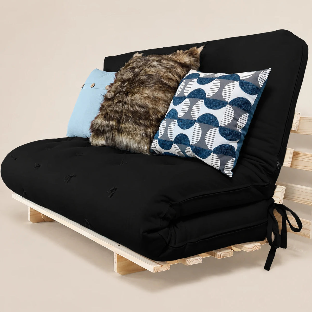 Sofa Cama Casal Futon Oriental Madeira Maciça Acquablock Preto