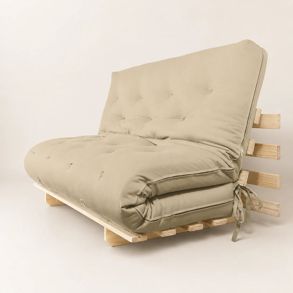 Sofa Cama Casal Futon Oriental  Madeira Maci�a Sarja Bege
