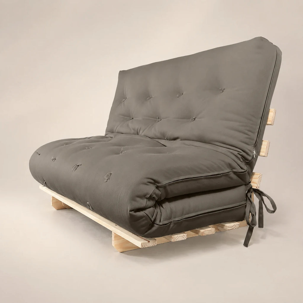 Sofa Cama Casal Futon Oriental Madeira Maci�a Sarja Cinza