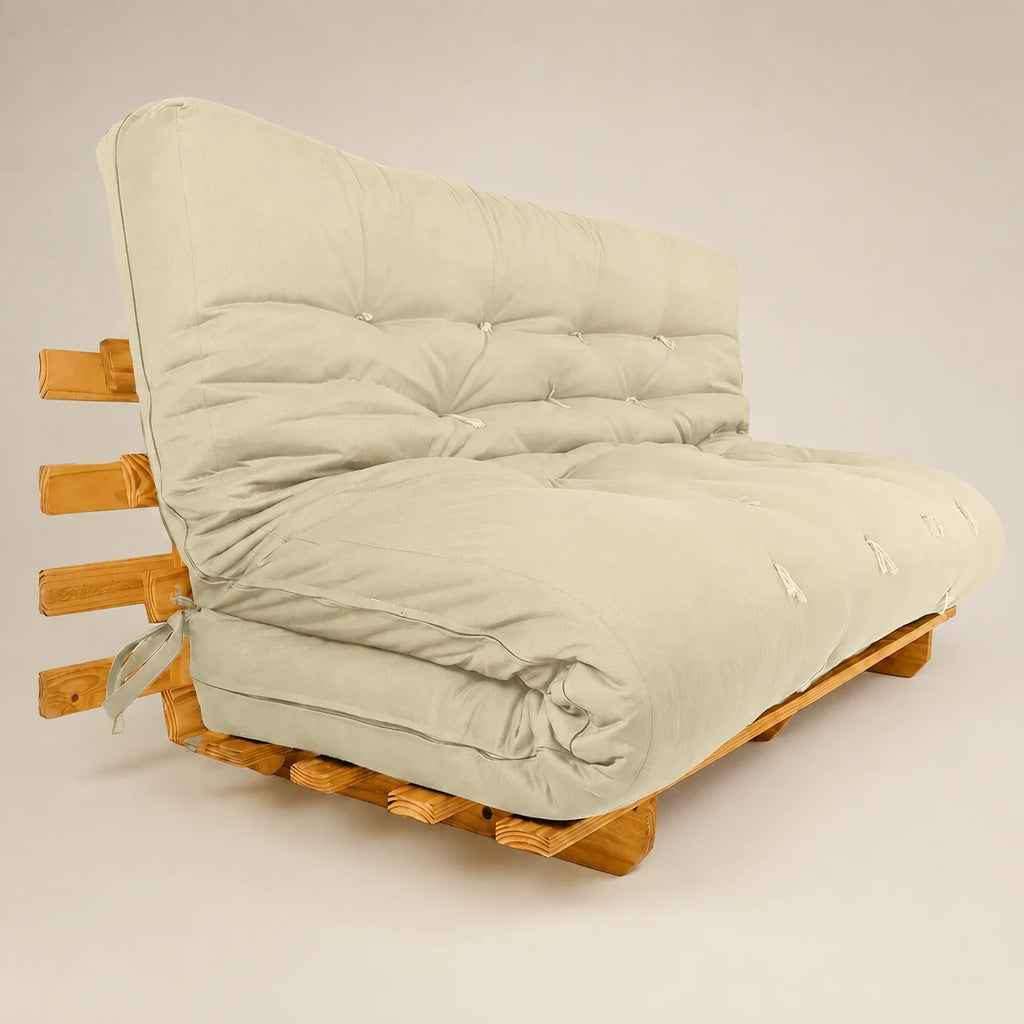 Sof� Cama Casal Futon Oriental Madeira Nobre Mel Sarja Bege Claro