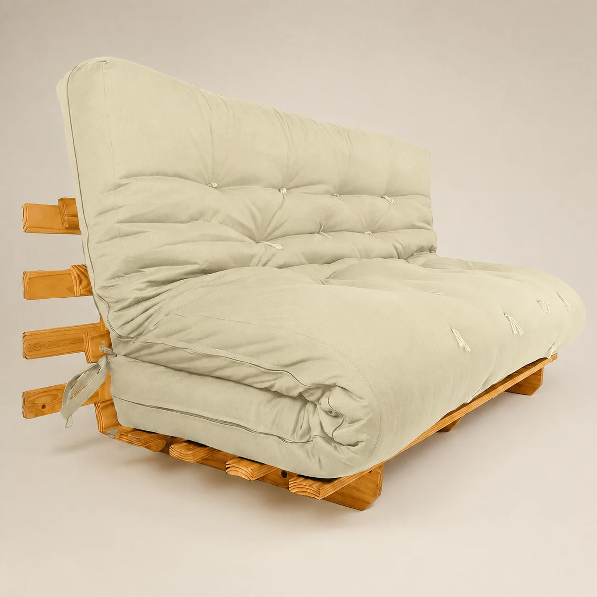 Sofá Cama Casal Futon Oriental Madeira Nobre Mel Sarja Bege Claro
