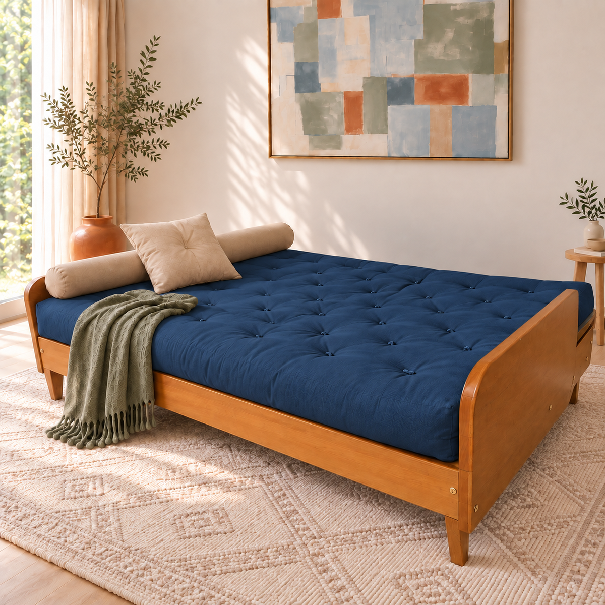 Sofá Cama Casal Futon Paris II Acquablock em Madeira Maciça Mel - Cor Azul Royal — posição cama