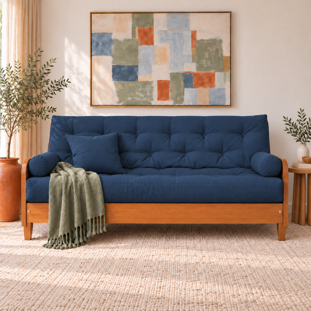 Sofá Cama Casal Futon Paris II Acquablock em Madeira Maciça Mel - Cor Azul Royal — sofá decorado