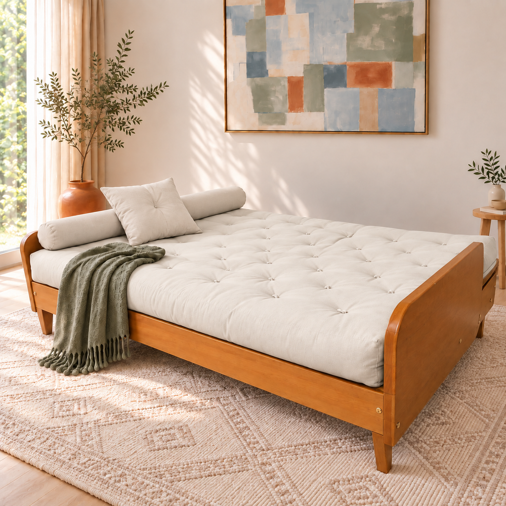 Sofá Cama Casal Futon Paris II Acquablock em Madeira Maciça Mel - Cor Branco Off — posição cama