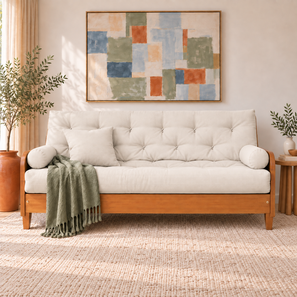 Sofá Cama Casal Futon Paris II Acquablock em Madeira Maciça Mel - Cor Branco Off — sofá decorado