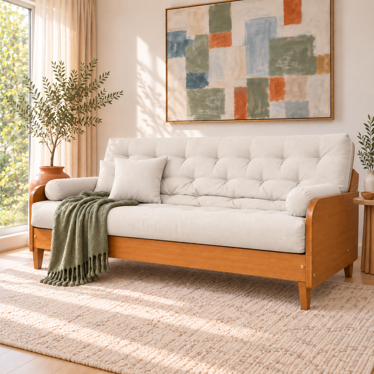 Sofá Cama Casal Futon Paris II Acquablock em Madeira Maciça Mel - Cor Branco Off — sofá decorado em três quartos