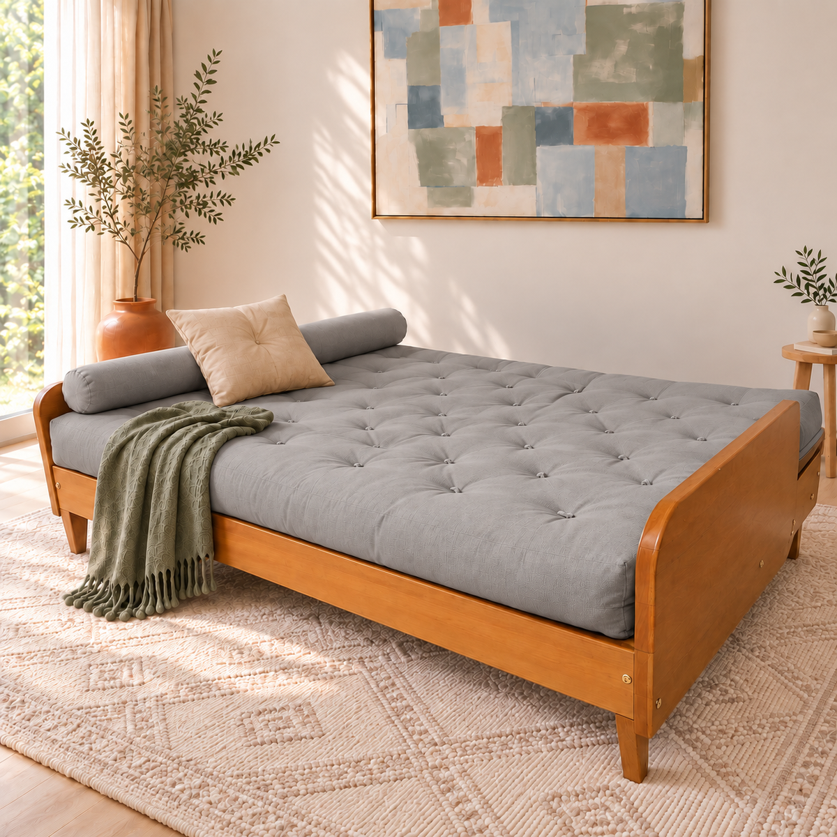 Sofá Cama Casal Futon Paris II Acquablock em Madeira Maciça Mel  - Cor Cinza Linho — posição cama