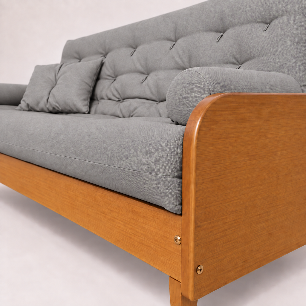 Sofá Cama Casal Futon Paris II Acquablock em Madeira Maciça Mel  - Cor Cinza Linho — detalhe