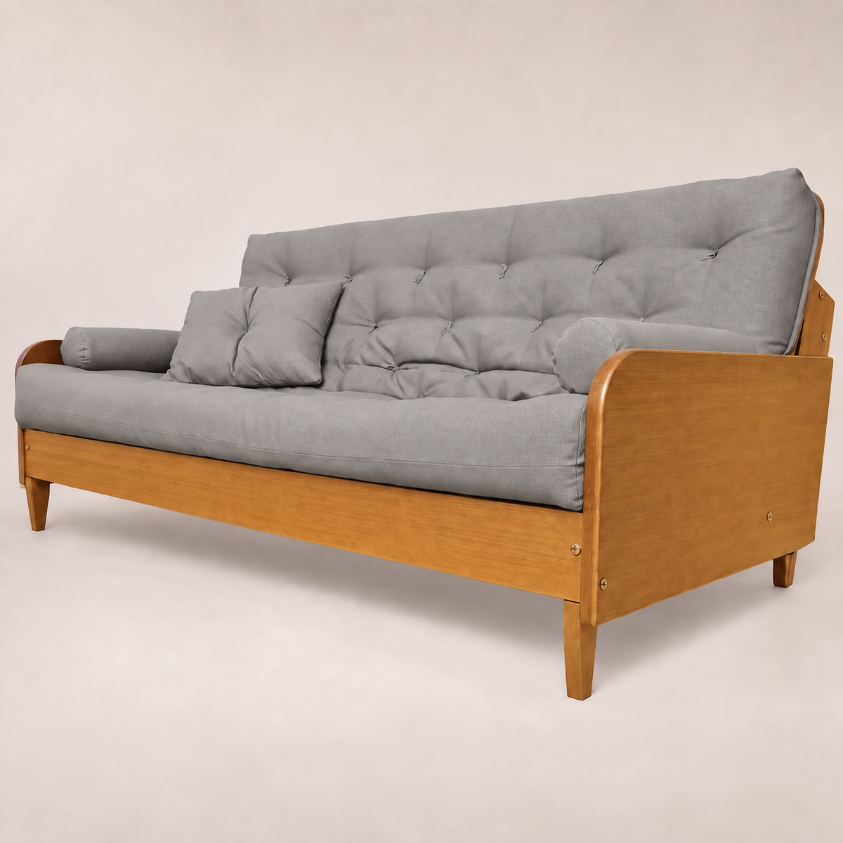 Sofá Cama Casal Futon Paris II Acquablock em Madeira Maciça Mel  - Cor Cinza Linho