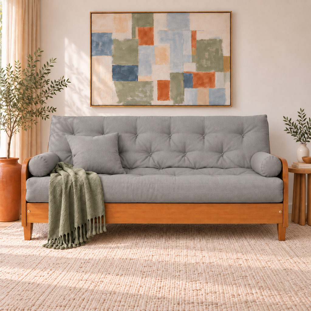 Sofá Cama Casal Futon Paris II Acquablock em Madeira Maciça Mel  - Cor Cinza Linho — sofá decorado