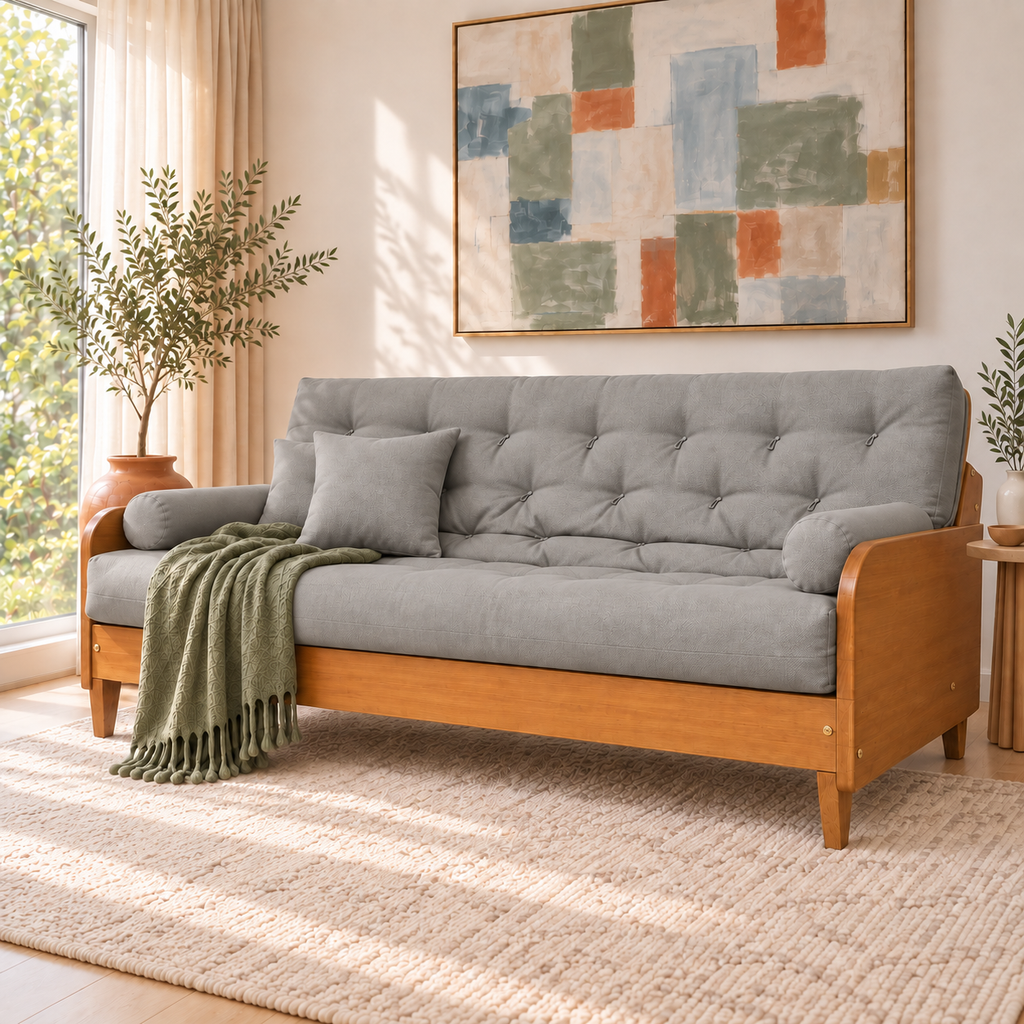 Sofá Cama Casal Futon Paris II Acquablock em Madeira Maciça Mel  - Cor Cinza Linho — sofá decorado em três quartos