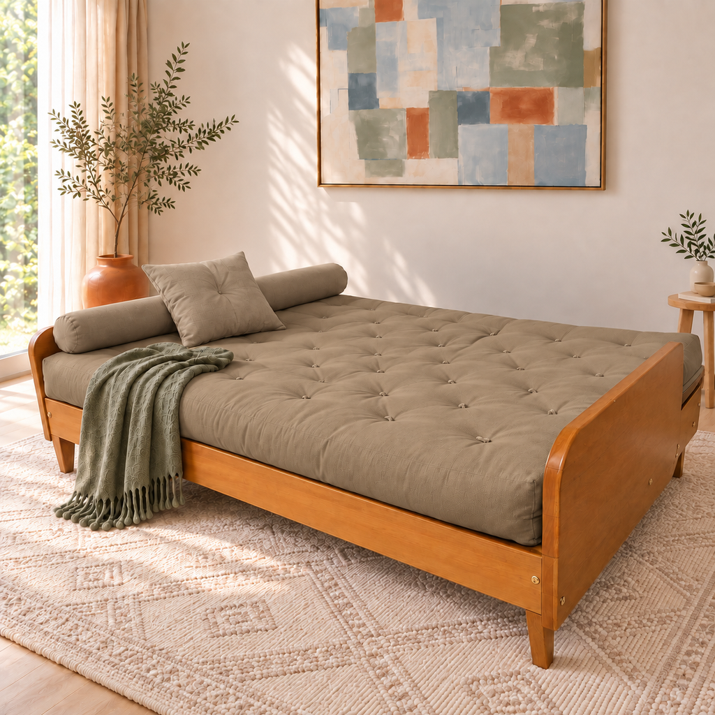 Sofá Cama Casal Futon Paris II Acquablock em Madeira Maciça Mel - Cor Fendi — posição cama