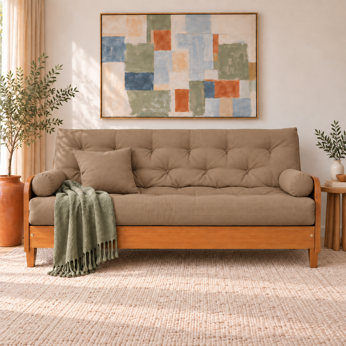 Sofá Cama Casal Futon Paris II Acquablock em Madeira Maciça Mel - Cor Fendi — sofá decorado