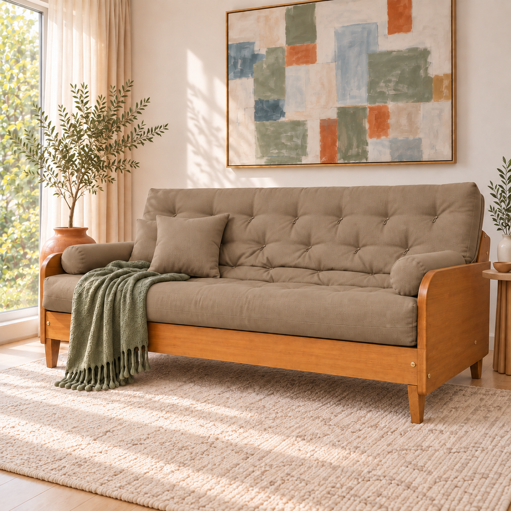 Sofá Cama Casal Futon Paris II Acquablock em Madeira Maciça Mel - Cor Fendi — sofá decorado em três quartos