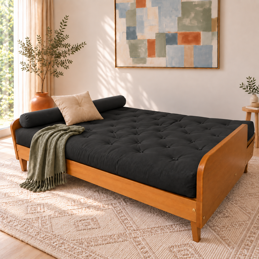 Sofá Cama Casal Futon Paris II Acquablock em Madeira Maciça Mel - Cor Preto — posição cama