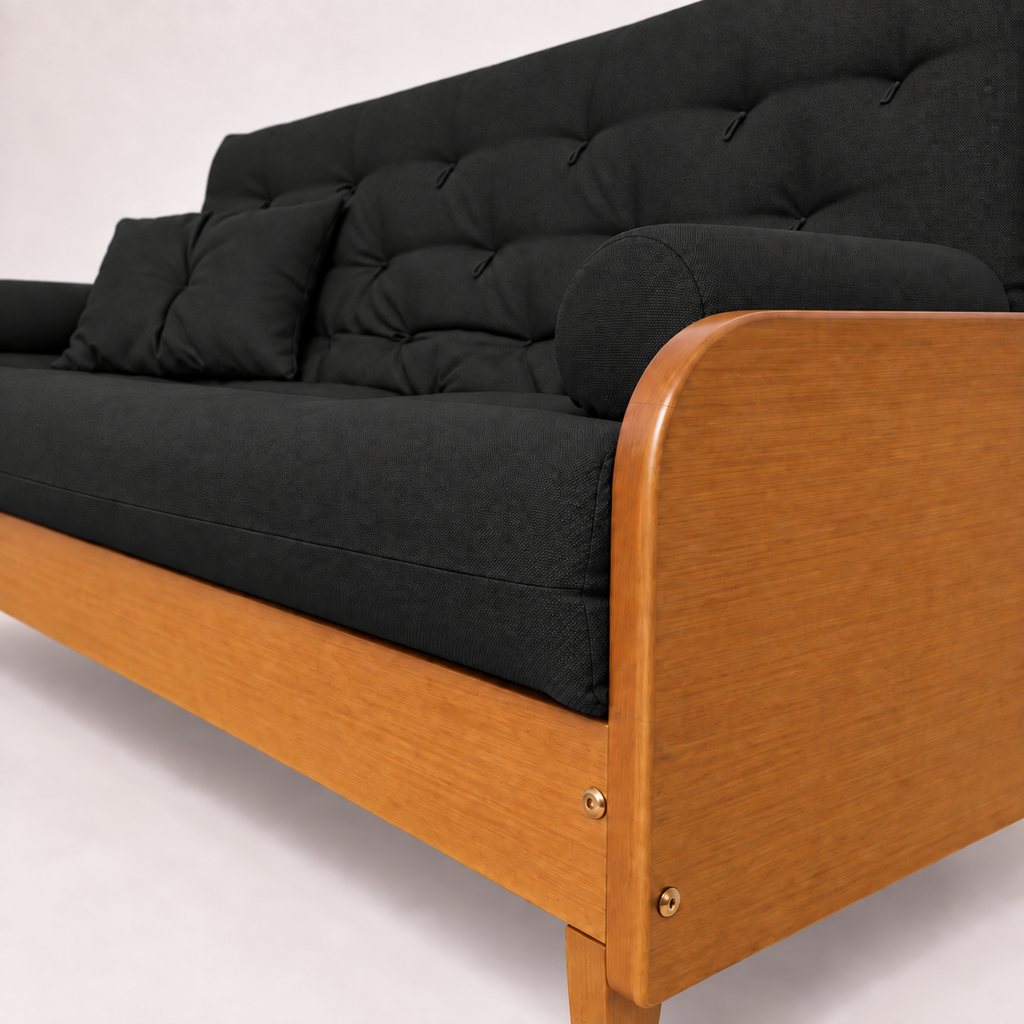 Sofá Cama Casal Futon Paris II Acquablock em Madeira Maciça Mel - Cor Preto — detalhe