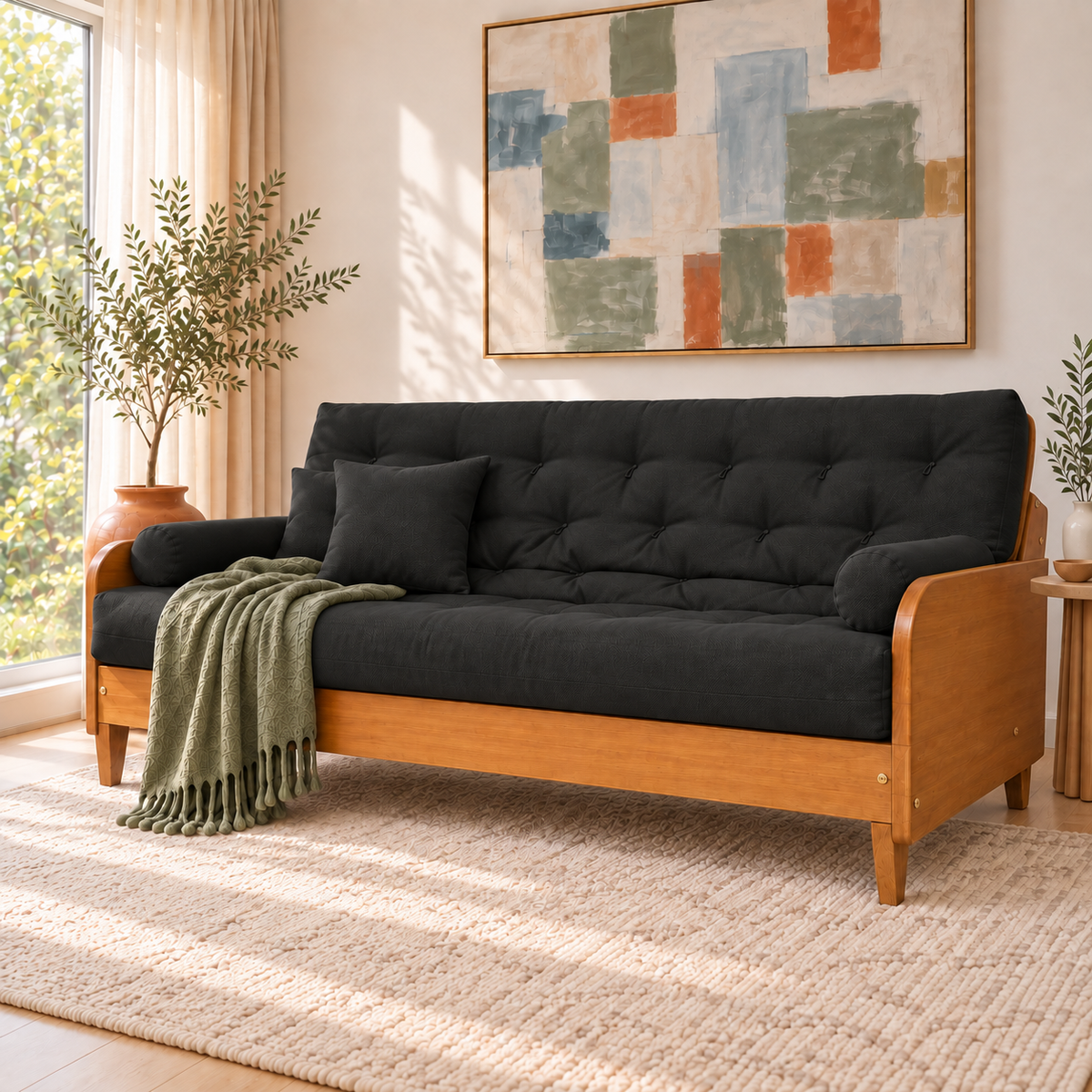 Sofá Cama Casal Futon Paris II Acquablock em Madeira Maciça Mel - Cor Preto — sofá decorado em três quartos
