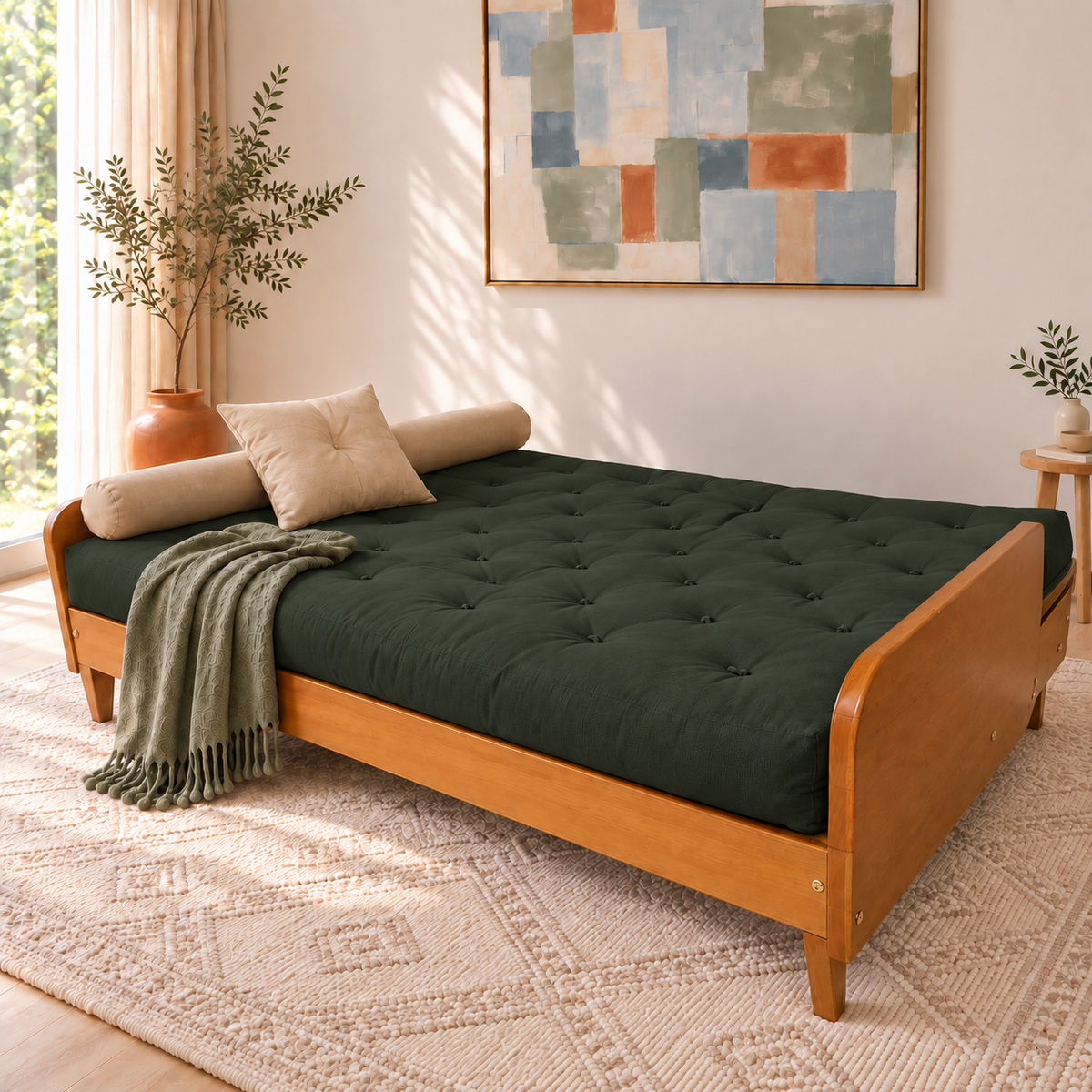 Sofá Cama Casal Futon Paris II Acquablock em Madeira Maciça Mel - Cor Verde Oliva — posição cama