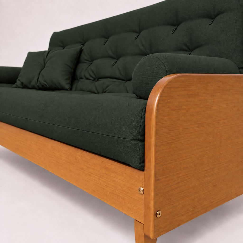 Sofá Cama Casal Futon Paris II Acquablock em Madeira Maciça Mel - Cor Verde Oliva — detalhe
