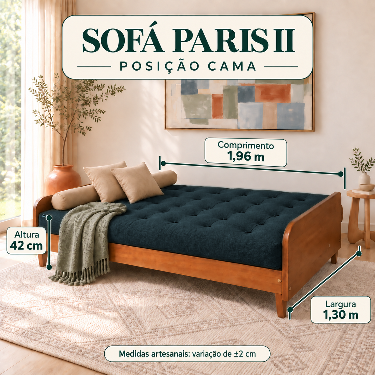 Sofá Cama Casal Futon Paris II Acquablock em Madeira Maciça Mel - Cor Verde Oliva — medidas na posição cama