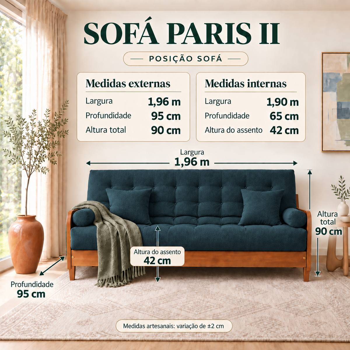 Sofá Cama Casal Futon Paris II Acquablock em Madeira Maciça Mel - Cor Verde Oliva — medidas na posição sofá