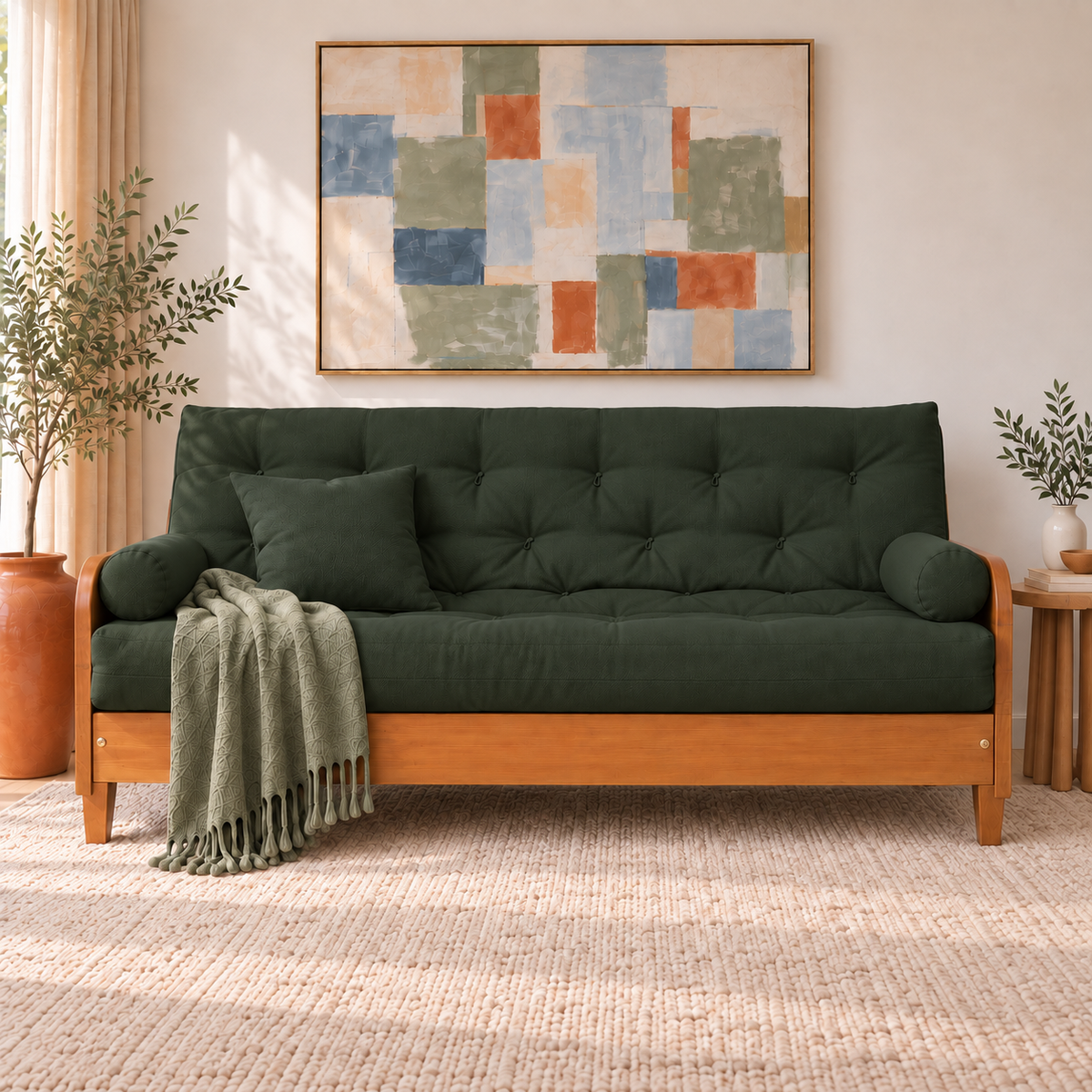 Sofá Cama Casal Futon Paris II Acquablock em Madeira Maciça Mel - Cor Verde Oliva — sofá decorado