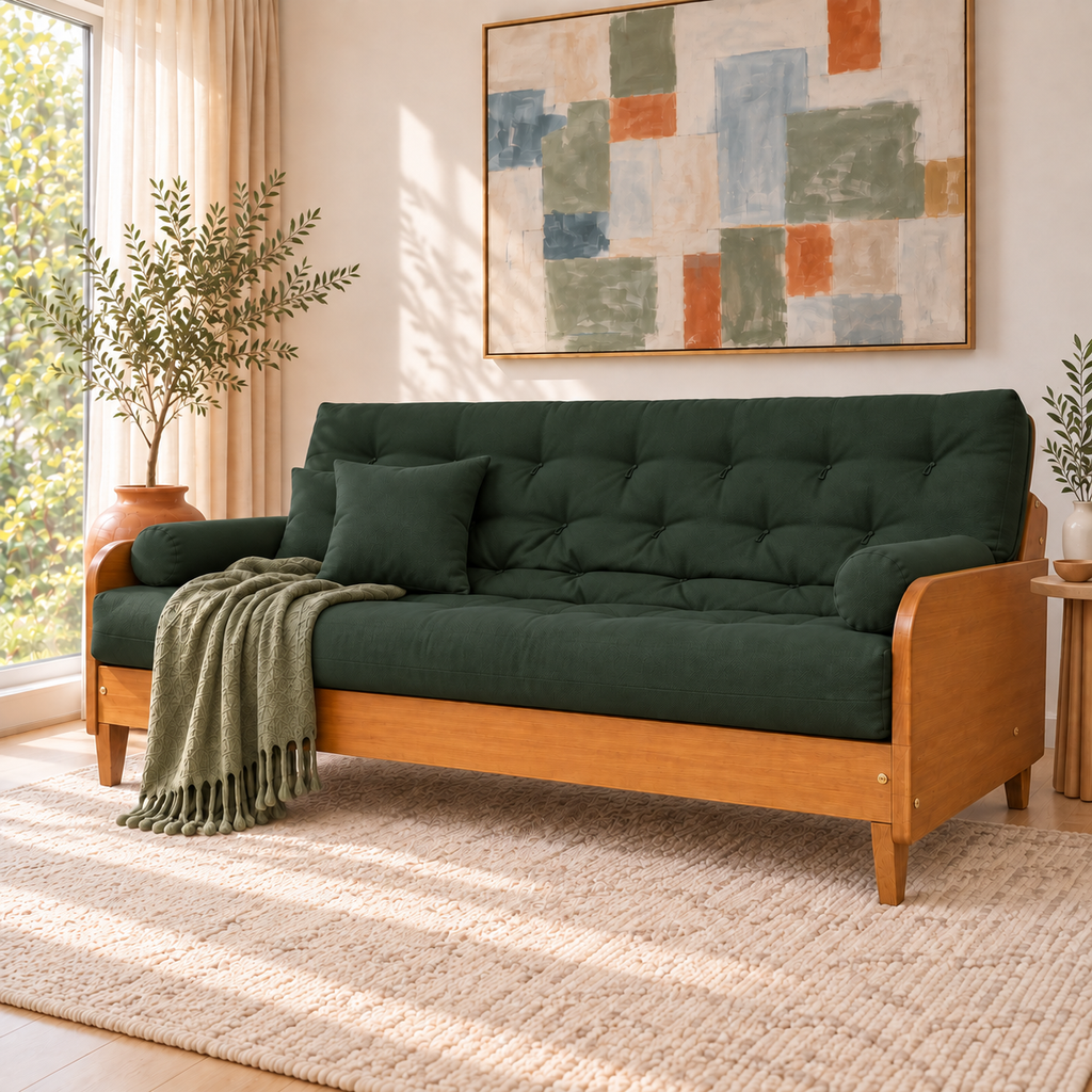 Sofá Cama Casal Futon Paris II Acquablock em Madeira Maciça Mel - Cor Verde Oliva — sofá decorado em três quartos