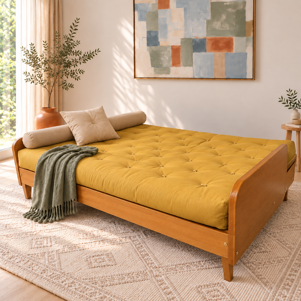 Sofá Cama Casal Futon Paris II Madeira Maciça Mel- Tecido Acquablock Cor Amarelo — posição cama