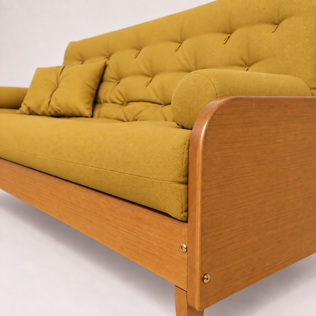 Sofá Cama Casal Futon Paris II Madeira Maciça Mel- Tecido Acquablock Cor Amarelo — detalhe