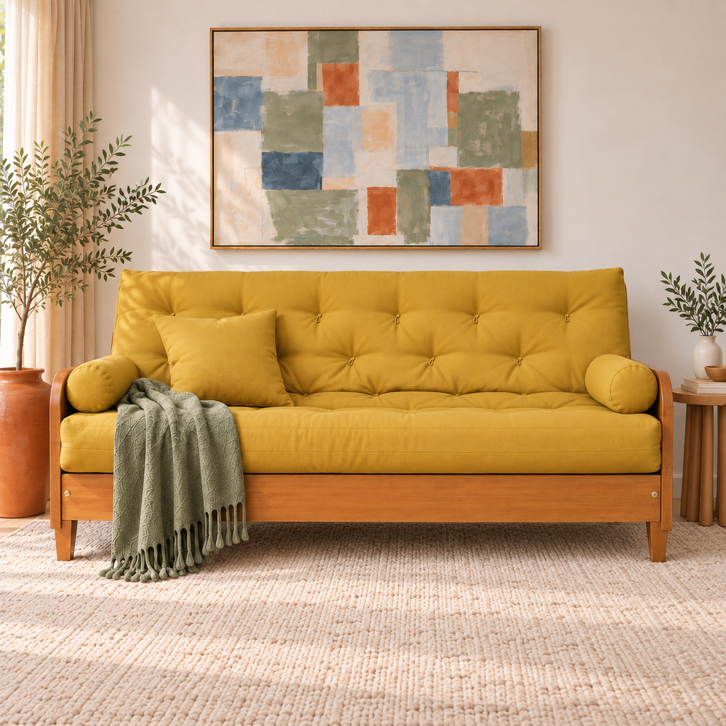 Sofá Cama Casal Futon Paris II Madeira Maciça Mel- Tecido Acquablock Cor Amarelo — sofá decorado