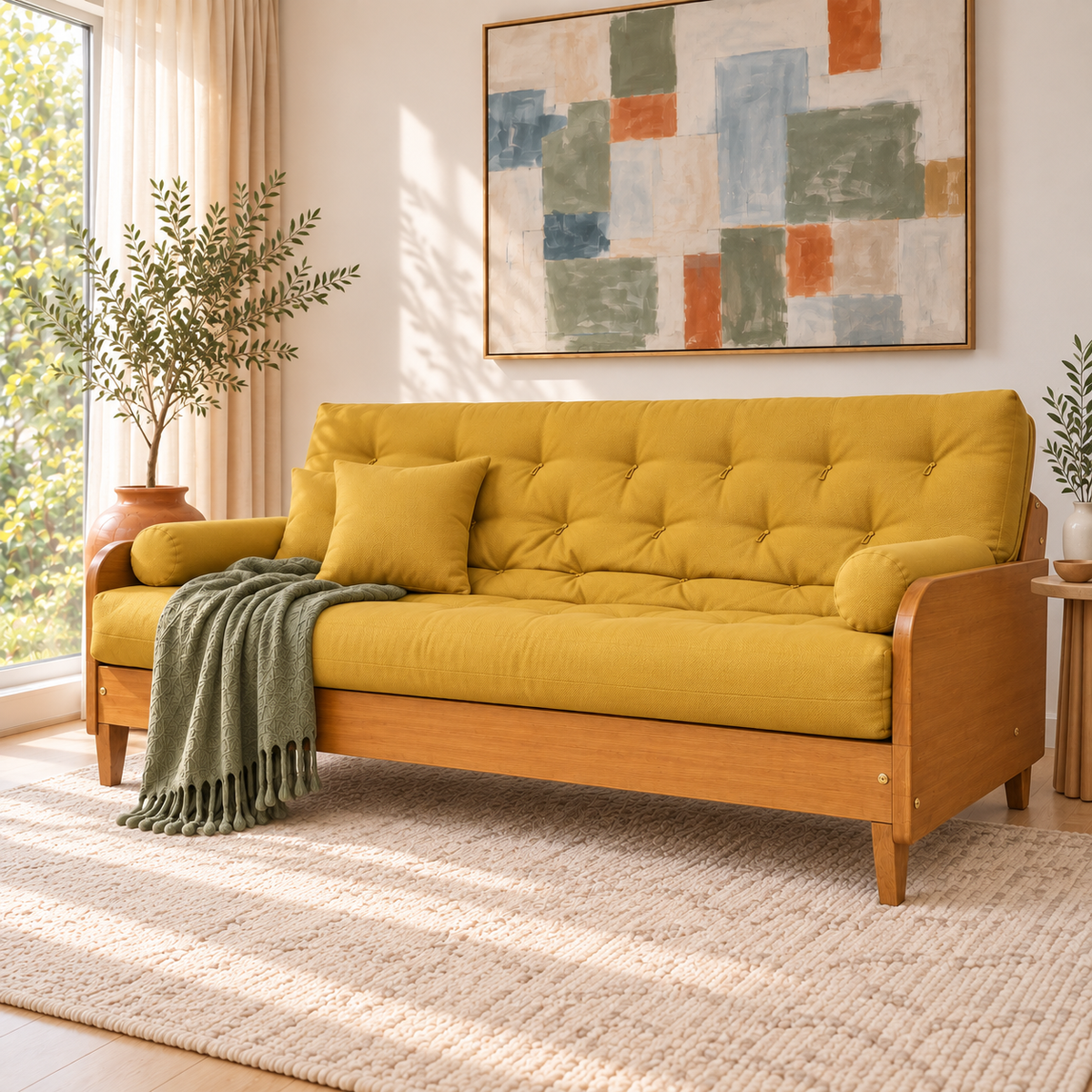 Sofá Cama Casal Futon Paris II Madeira Maciça Mel- Tecido Acquablock Cor Amarelo — sofá decorado em três quartos