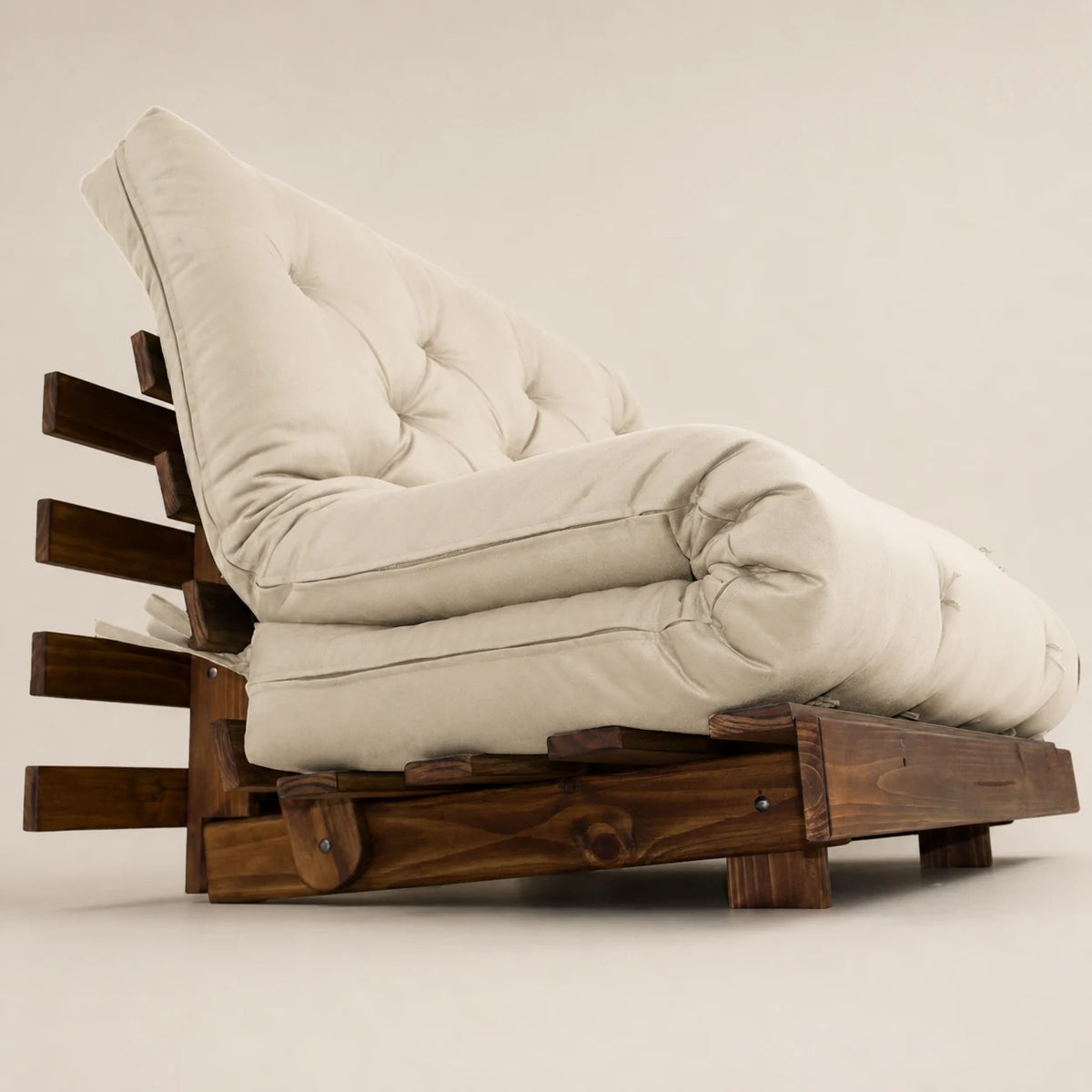 Sofá Cama Casal Futon Tokio D33 Madeira Maciça Cor Imbuia - Bege Claro