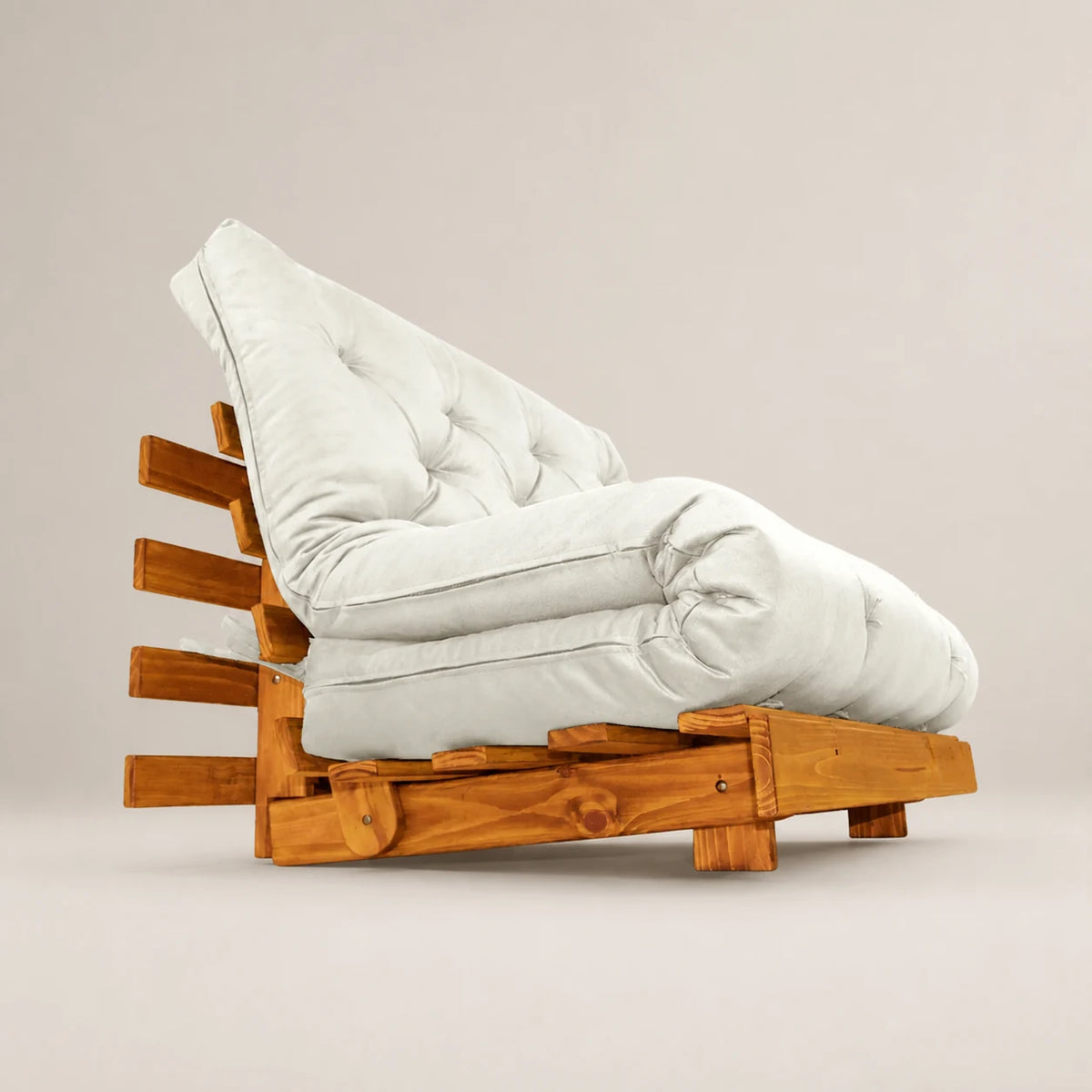 Sofá Cama Casal Futon Tokio Madeira Cor Mel Acquablock Branco Off