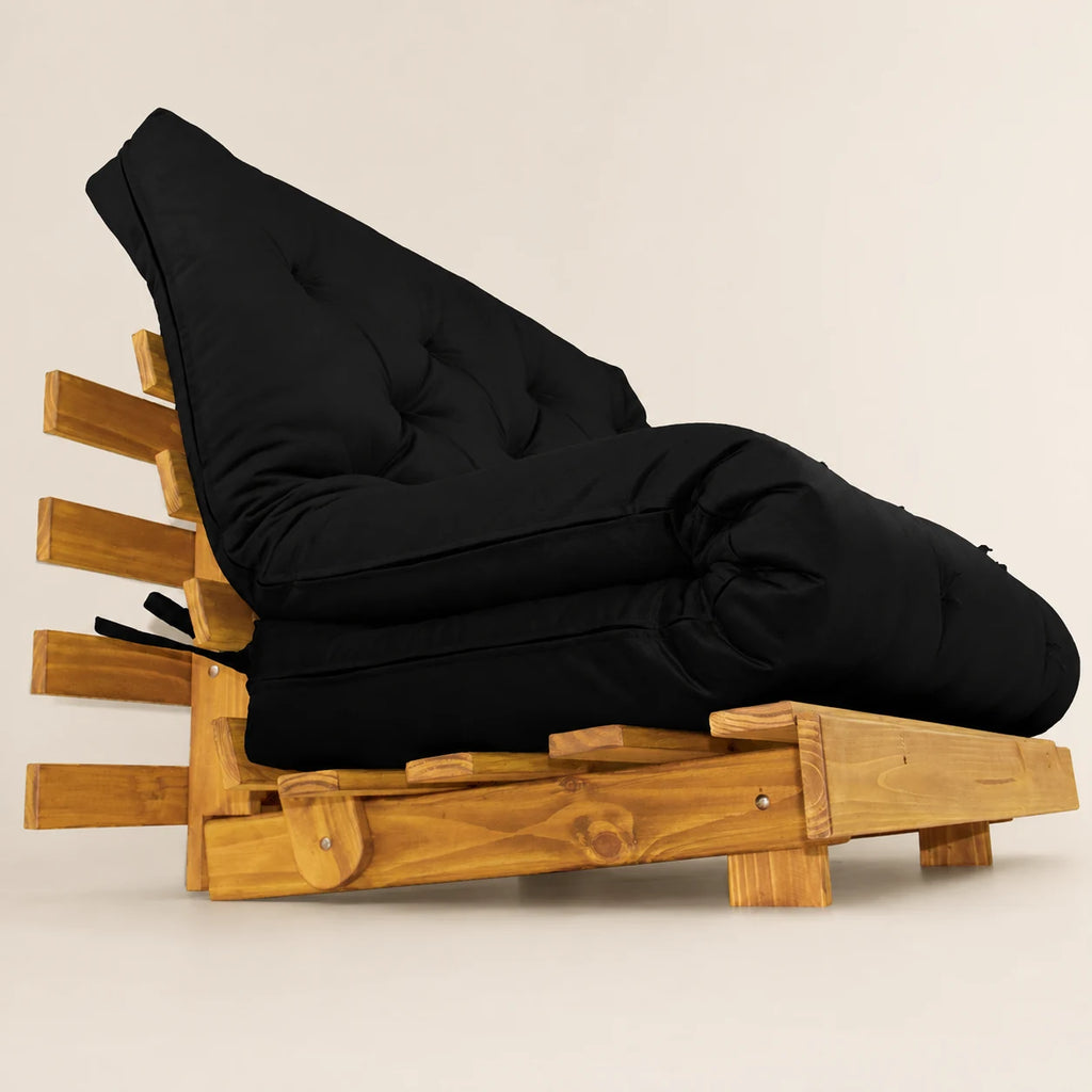 Sof� Cama Casal Futon Tokio Madeira Cor Mel Tecido Sarja Preto