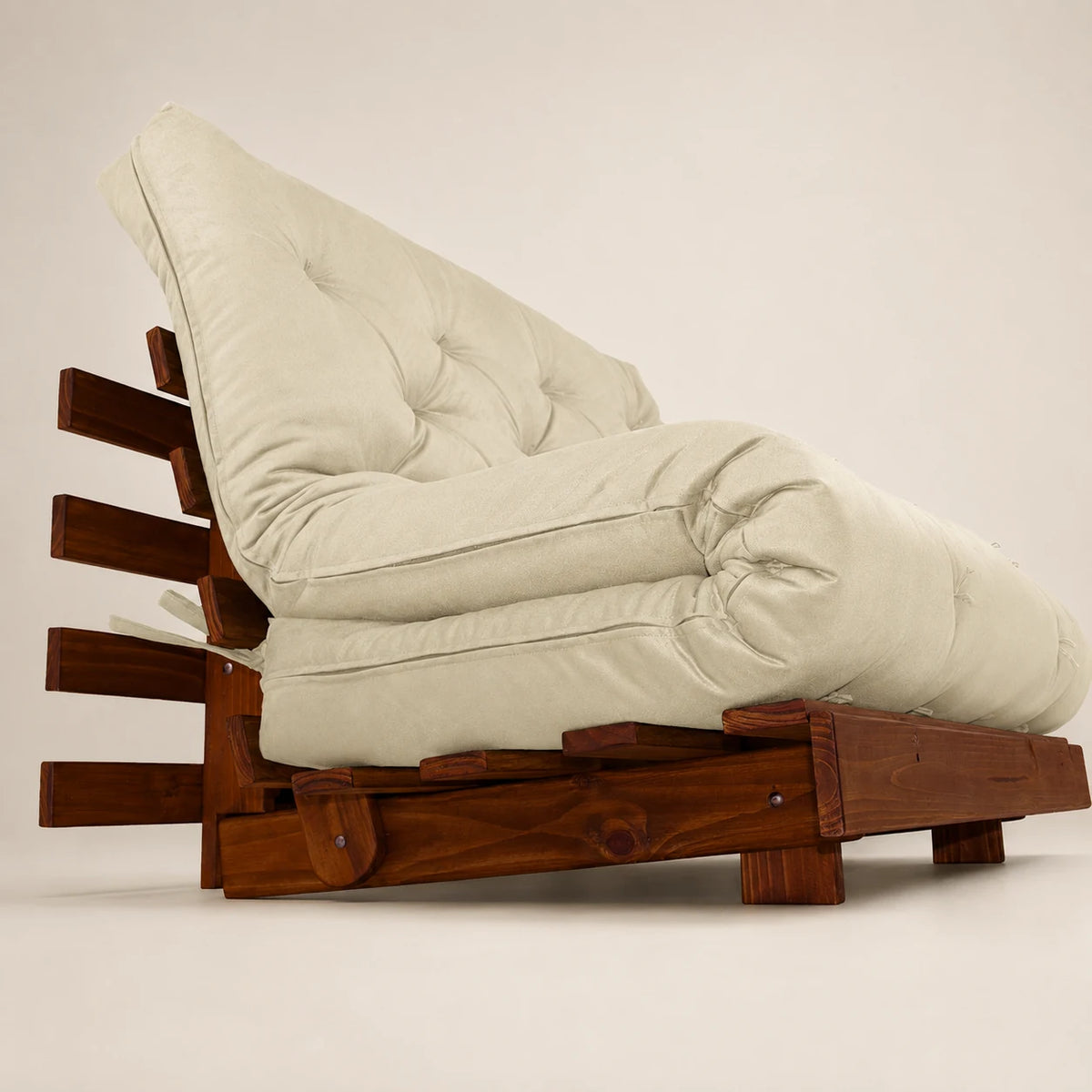 Sofá Cama Casal Futon Tokio Madeira Nobre Cor Imbuia Sarja Bege D33