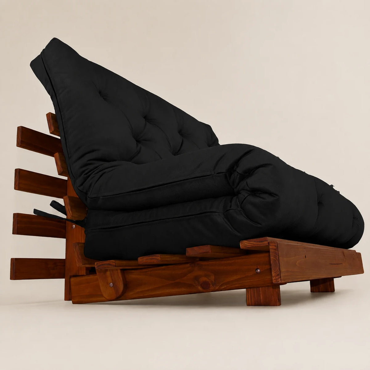 Sofá Cama Casal Futon Tokio Madeira Nobre Cor Imbuia Sarja Preto D33