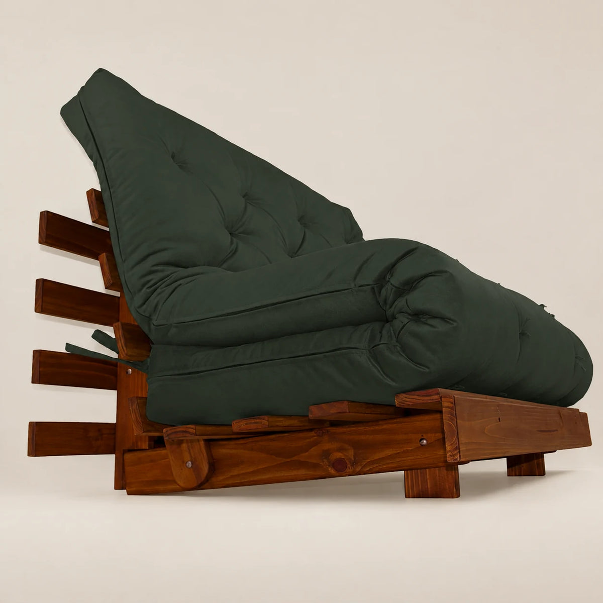 Sofá Cama Casal Futon Tokio Madeira Nobre Cor Imbuia Sarja Verde Militar D33