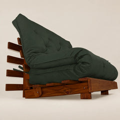 Sofá Cama Casal Futon Tokio Madeira Nobre Cor Imbuia Sarja Verde Militar D33