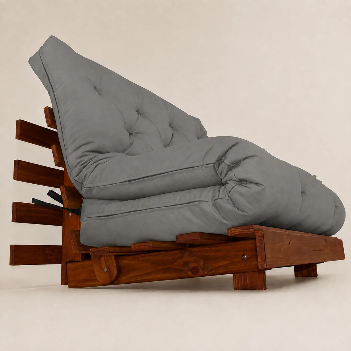 Sof� Cama Casal Futon Tokio Madeira Nobre Cor Imbuia Tecido Sarja Cinza D33