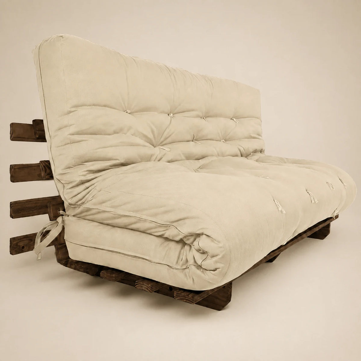 Sofá Cama Futon Oriental King Madeira Pinus Cor imbuia Maciça Sarja Bege Claro D33