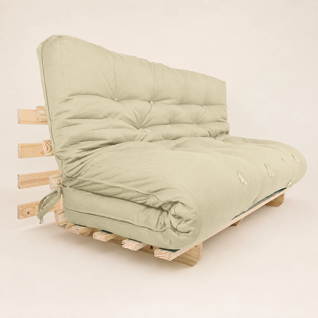Sofa Cama Futon Oriental King Madeira Pinus Sem Pintura Sarja Bege