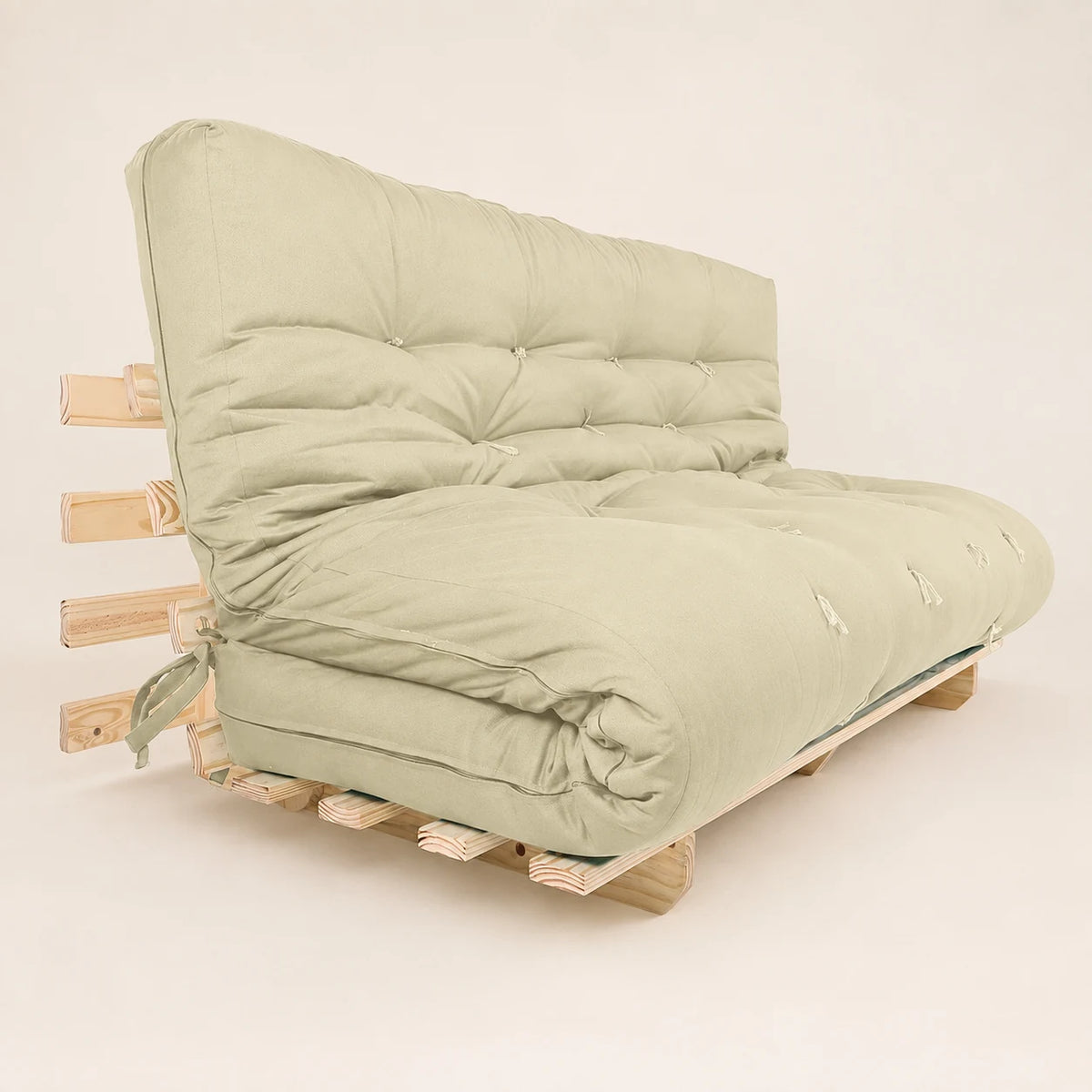 Sofa Cama Futon Oriental King Madeira Pinus Sem Pintura Sarja Bege