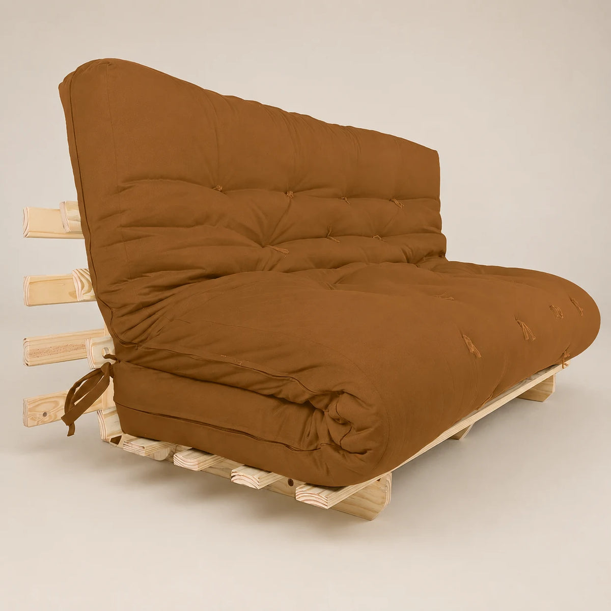 Sofa Cama Futon Oriental King Madeira Pinus Sem Pintura Sarja Caramelo